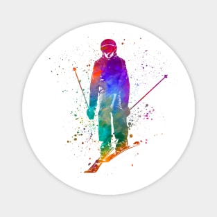 Woman skier skiing jumping  in watercolor Magnet